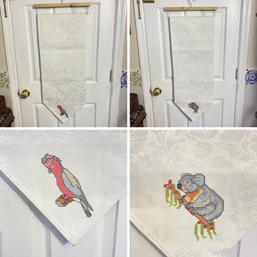 Vintage Ladelle White Floral Damask Australia Parrot Koala Table Runner Tapestry